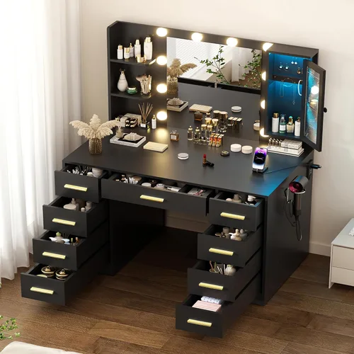Miniatura 3 de ERLEJIA Escritorio de tocador con espejo y luces, tocador de maquillaje grande de 43 pulgadas con 9 cajones, 3 estantes abiertos, iluminación LED