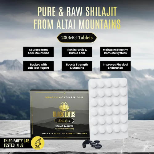 Miniatura 7 de Black Lotus Shilajit Tabletas de resina, 60 unidades, 200 mg cada uno, 100% Shilajit natural puro para hombres y mujeres con aminoácidos, 140 mg