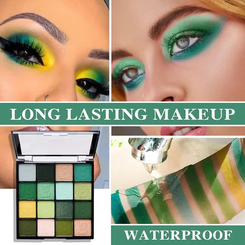 Miniatura 4 de Paleta de sombra de ojos verde brillante de 16 colores, paleta de sombra de ojos metálica mate impermeable, paleta de sombra de ojos altamente