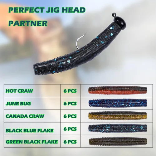 Miniatura 5 de Soft Plastic Worm Fishing Lures Kit, Finesse TRD Stick Worms and Ned Rig Baits with Jig Heads for Bass Fishing, Freshwater Bass Soft Baits Mezcla