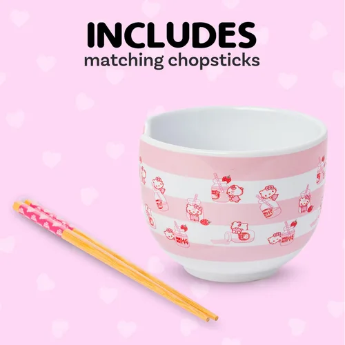 Miniatura 3 de Silver Buffalo Sanrio Hello Kitty Tazón de Cerámica para Fideos Ramen y Arroz con Patrón de Leche de Fresa, con Palillos, Apto para Microondas, 20