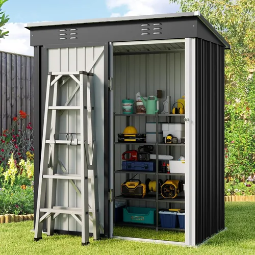 Miniatura 13 de Gizoon Cobertizo de almacenamiento para exteriores de 8 x 6 pies, cobertizo de jardín de metal galvanizado con puertas dobles con cerradura, Marrón