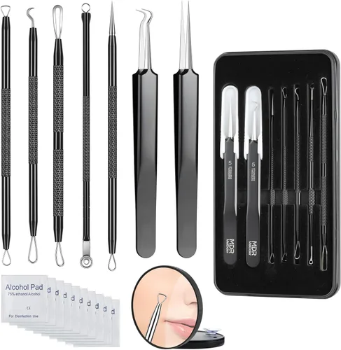 Kit de eliminación de puntos negros, extractor de comedona de acné de acero inoxidable con lupa 10X y 20 almohadillas de alcohol al 75%, eliminación