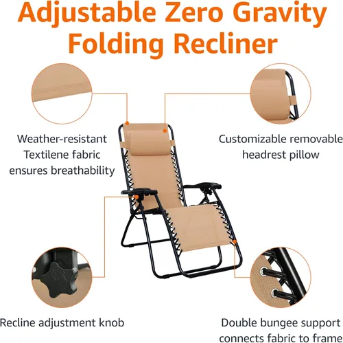 Miniatura 4 de Amazon Basics - Silla de patio para exteriores con gravedad cero, acolchada, reclinable, plegable y ajustable, con almohada, de Textilene, sillas