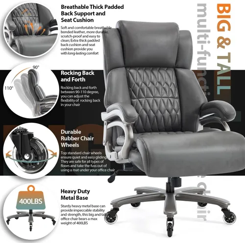 Miniatura 5 de Silla de oficina grande y alta de 400 libras, soporte lumbar ajustable, ruedas de goma silenciosas, base de metal resistente, escritorio ejecutivo