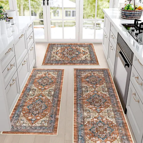 Miniatura 5 de Bsmathom - Juego de alfombras de cocina de estilo rústico de 3 piezas con corredor, alfombras de cocina antideslizantes y lavables, alfombras