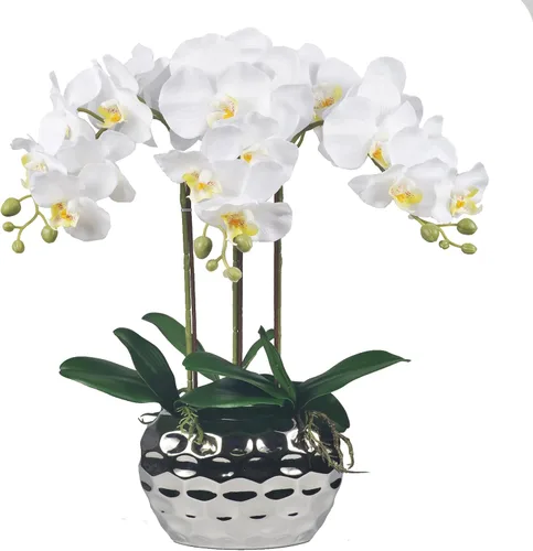 Miniatura 8 de W&W Arreglo de plantas y flores de orquídeas artificiales en maceta de cerámica, orquídea blanca falsa con jarrón plateado, orquídeas falaenopsis