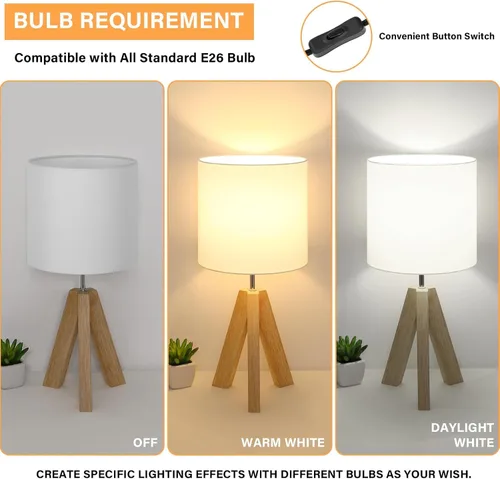 Miniatura 2 de Lámpara de mesa pequeña de madera, lámpara de mesa de trípode de madera con pantalla de tela blanca, linda lámpara de mesa boho minimalista