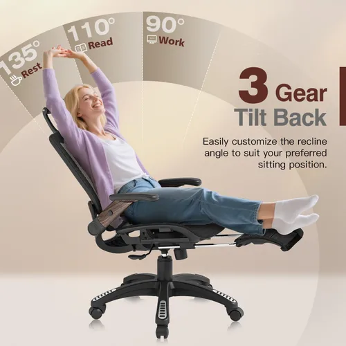 Miniatura 5 de GABRYLLY Silla de oficina ergonómica con reposapiés, silla de computadora de malla de respaldo alto con brazo abatible, reposacabezas 3D