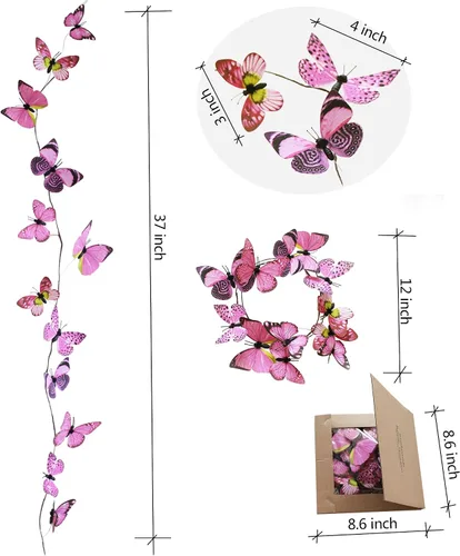 Miniatura 2 de Guirnalda de mariposa artificial, enredaderas decorativas de mariposa falsas, decoración colgante de mariposa única en 3D para pared del hogar, Rosa