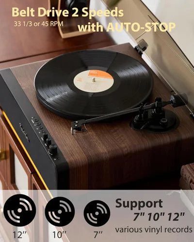 Miniatura 3 de Tocadiscos de vinilo con altavoces integrados, tocadiscos Bluetooth todo en uno para 33/45 RPM, tocadiscos de alta fidelidad para discos de vinilo