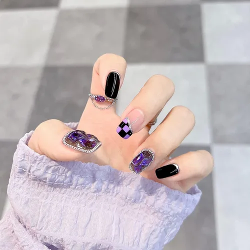 Miniatura 12 de LIGHT RAIN - Uñas a presión de longitud media, con diseño de galaxia Andromeda, uñas postizas de gel, reutilizables, de lujo, de siete capas