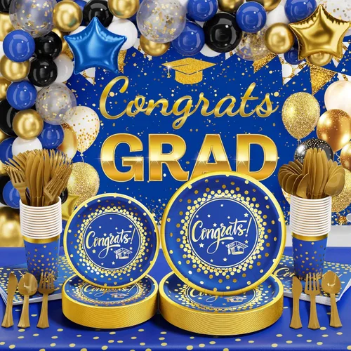 Miniatura 11 de Decoraciones de graduación 2026 – 245 piezas de vajilla desechable de grado (servir 25) y suministros para fiesta de graduación con plato de papel