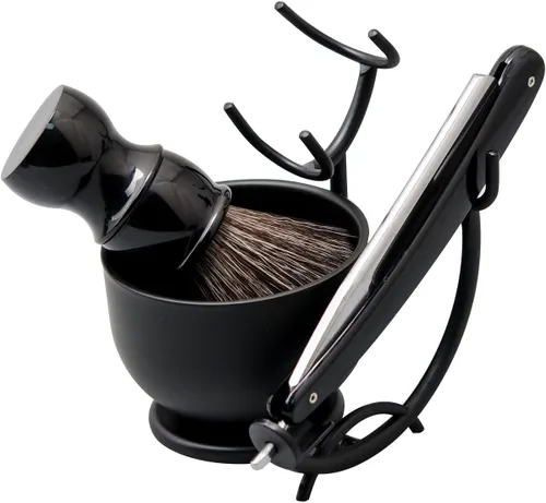 Miniatura 4 de Kit de afeitado con navaja recta Grandslam, navaja recta de acero con afilador de cuero, cepillo de afeitar, cuenco y soporte de afeitar de acero