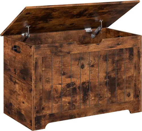 Miniatura 10 de Baúl de almacenamiento de madera con tapa abatible y bisagra de seguridad, organizador de sala de estar, banco de entrada con área de almacenamiento
