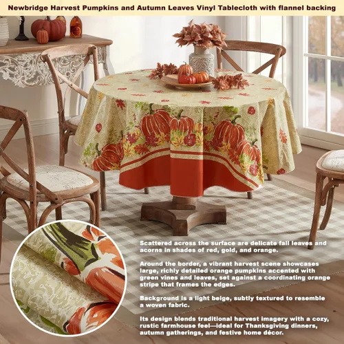 Miniatura 2 de Newbridge Mantel de vinilo de franela con estampado de calabaza de cachemira, diseño de calabaza y hojas de otoño, mantel de vinilo de fácil cuidado