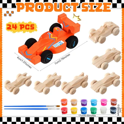 Miniatura 2 de Lenwen 24 piezas de autos de carreras de madera para bricolaje, autos de carreras de madera sin terminar con pintura acrílica de 12 colores, juego
