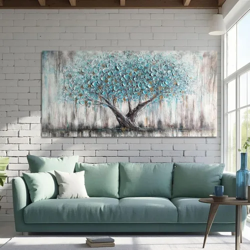 Miniatura 3 de Arjun Arte de Pared en Lienzo de Árbol para Sala de Estar, Árbol de la Vida Azul, Naturaleza Verde Azulado, Pintura Abstracta con Textura, Cuadro