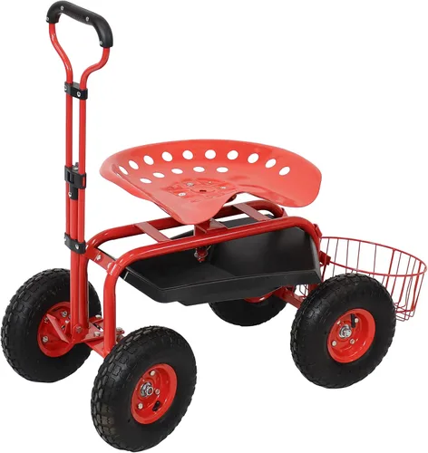 Sunnydaze Carrito de jardín con ruedas - Taburete de jardín sobre ruedas - Asiento de jardinería con ruedas con mango extensible - Asiento giratorio