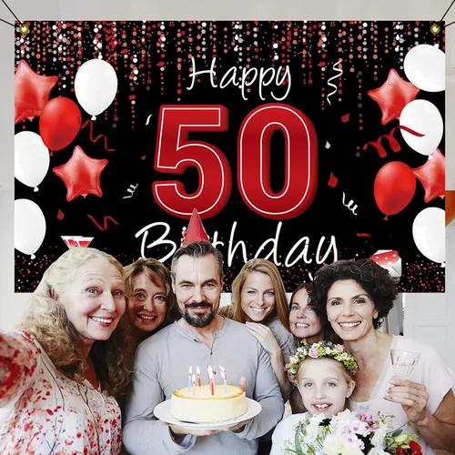 Miniatura 4 de Cartel de feliz cumpleaños 50 para patio, pancarta de cumpleaños número 50 en negro y rojo, decoración para mujeres y hombres, fondo grande de 50