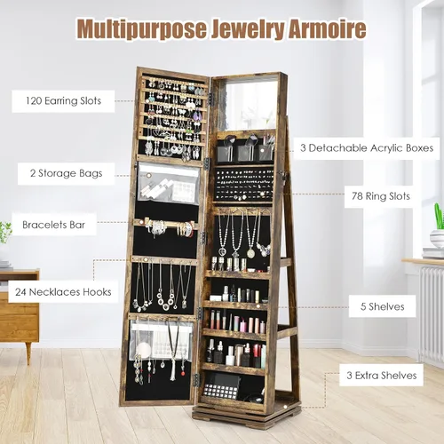 Miniatura 4 de CHARMAID Armario de joyería giratorio de 360 con espejo de longitud completa más alto organizador de armario de joyería con cerradura de pie gran