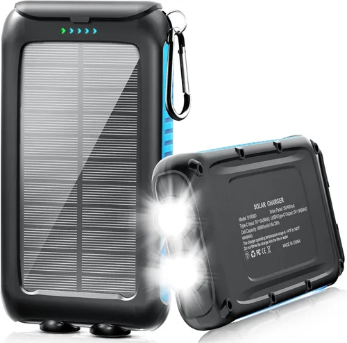 Cargador solar-banco de energía-49800mAh Cargador solar portátil para teléfono con linterna LED/15W Carga rápida USB C Batería externa impermeable