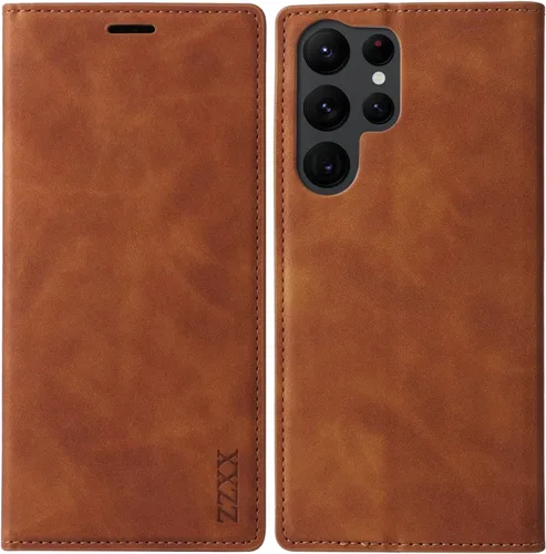 ZZXX Funda tipo cartera para Samsung Galaxy S22 Ultra con bloqueo RFID, ranura para tarjetas, función atril, magnética, de piel suave, para Samsung
