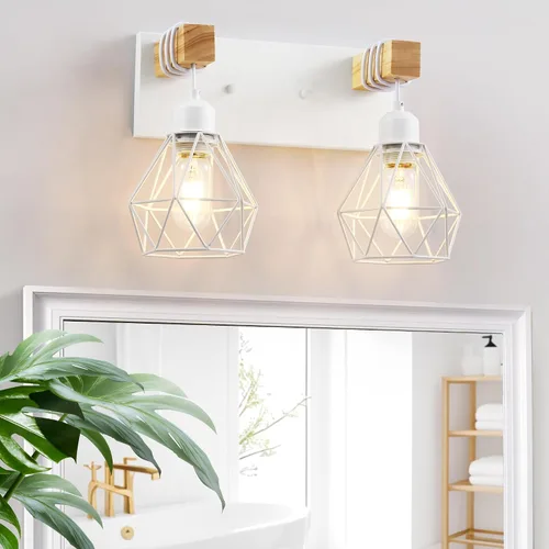 Lámparas blancas para tocador de baño, luminarias de baño de madera de 2 luces sobre el espejo, apliques rústicos de pared con elegante pantalla de