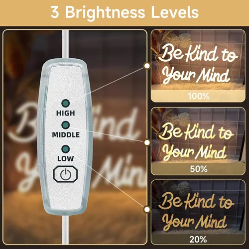 Miniatura 3 de Letrero de neón "Be Kind to Your Mind" luces de neón regulables LED para decoración de pared, palabras de aliento de neón USB, letreros de neón