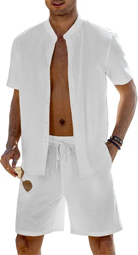 Miniatura 2 de COOFANDY Conjunto de lino de 2 piezas para hombre, camisa y pantalones cortos con cuello de banda casual
