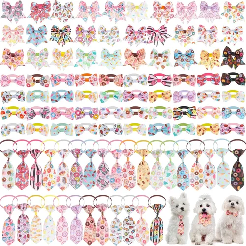 Reginary El juego de 100 piezas de collar de corbatín para perro incluye 40 corbatas para perros y 30 corbatines para cachorros, 30 flores de