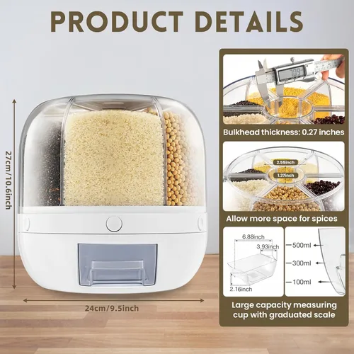 Miniatura 6 de Dispensador de Contenedor de Almacenamiento de Granos, Dispensador de Arroz Giratorio de 6 Compartimentos, Dispensador de Alimentos Giratorio
