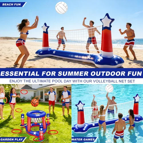 Miniatura 8 de Grandes juegos inflables de piscina, red de voleibol y aro de baloncesto con 2 pelotas de playa, bandera estadounidense, juguetes de agua