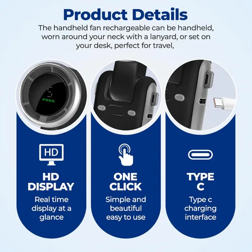 Miniatura 5 de Ventilador turbo de mano recargable, refrigeración de 5 velocidades, batería de larga duración de hasta 12 horas, mini ventilador 3 en 1 con Negro