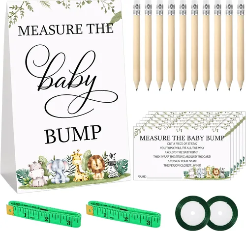 Miniatura 10 de Fumete Juego de 65 piezas para baby shower, incluye letrero bohemio de medir la protuberancia del bebé, 50 tarjetas de adivinanzas, 10 lápices, 2