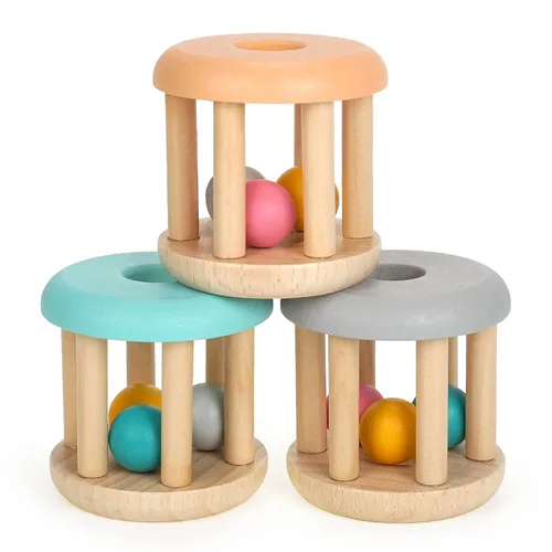 DUCKBOXX XX Montessori Juguetes educativos para bebés, juguete de sonajero rodante de madera natural, juguete de aprendizaje temprano para
