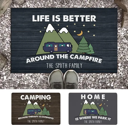 Felpudo personalizado de Happy Campers RV – Tapete personalizado con nombre de la familia Home is Where We Park It; tapete para puerta de estilo 2