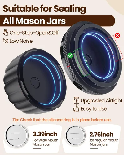 Miniatura 3 de Kit de sellado al vacío de tarros Mason eléctrico mejorado 2026 con tapas Mason de boca ancha y regular, bomba de vacío automática de 80 kpa
