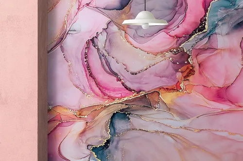 Miniatura 8 de Mural de pared abstracto con diseño de tinta de alcohol. Diseño de ágata (patrón de color rosa, azul y dorado) Papel tapiz removible para despegar