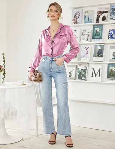 Miniatura 5 de Ekouaer Conjunto de pijama clásico de seda satinada con botones para mujer