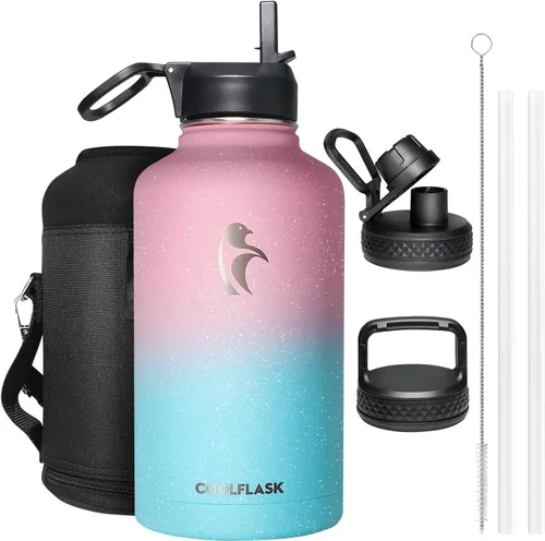 Miniatura 67 de Coolflask Botella de agua de 20 onzas aislada con pajilla, 3 tapas de metal de acero inoxidable, botella de agua de boca ancha para deportes u