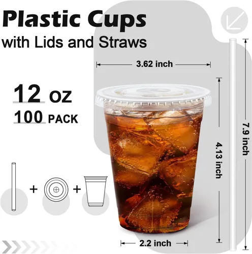 Miniatura 2 de Paquete de 100 vasos de plástico de 12 onzas con tapas y pajitas, tazas de café helado desechables transparentes para bebidas frías, batidos