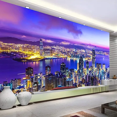 Miniatura 2 de Moderno papel tapiz fotográfico 3D con vista nocturna de la ciudad de Nueva York, papel tapiz de vista de la ciudad, decoración de pared para sala