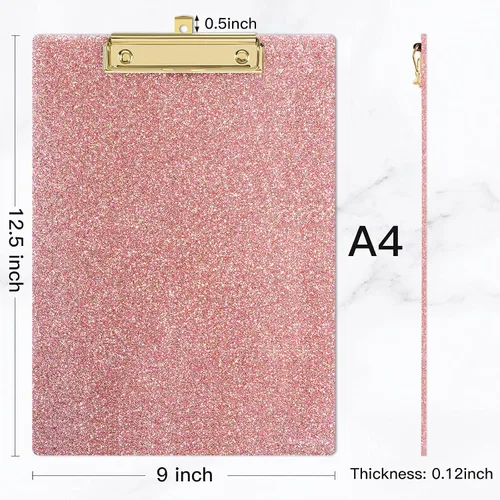 Miniatura 2 de Piasoenc Portapapeles de Acrílico, Tablero con Clip de Purpurina Elegante con Clip Dorado de Perfil Bajo, Diseñado para Uso en Aula, Escuela y Rosa