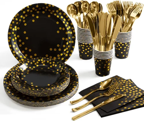 HOMIX Suministros de fiesta negros y dorados, 175 piezas, platos desechables de papel negro, servilletas, vasos, tenedores de plástico dorado,