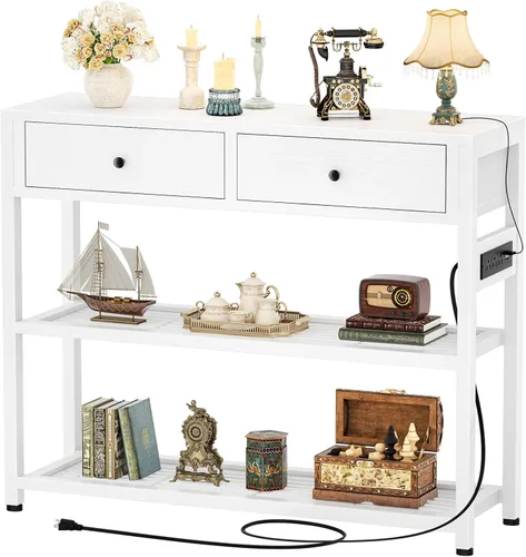 Miniatura 12 de Ecoprsio Mesa de entrada con salidas y puertos USB, mesa consola con 2 cajones, mesa de sofá pequeña con estantes de almacenamiento para sala