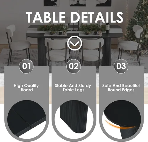 Miniatura 5 de Juego de mesa de comedor ovalada negra moderna de 70.9 pulgadas para 4, mesa de cocina rectangular estilo crema con sillas negras Boucle, juego