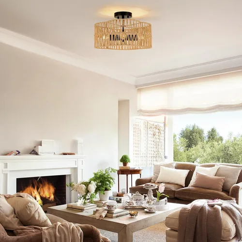 Miniatura 2 de Lámparas Bohemias de Techo con Montaje, Lámpara de Techo de Ratán Estilo Granja de 4 Luces, Lámpara de Techo Semi Empotrada con Pantalla Tejida a
