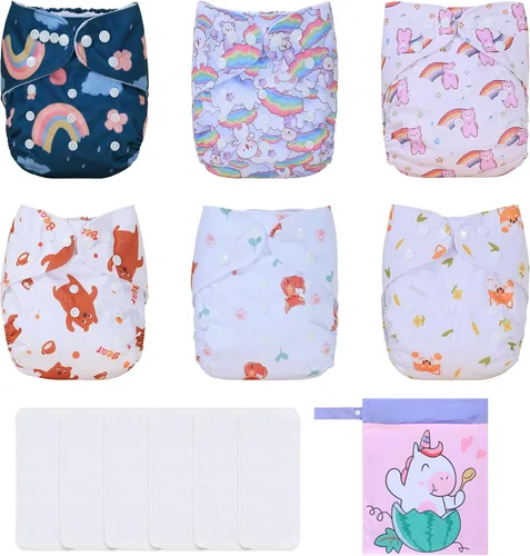 Miniatura 21 de TDIAPERS Pañales de tela reutilizables, lavables, de bolsillo, talla única, ajustable para pañales de tela a presión, paquete de 6 con 6 insertos