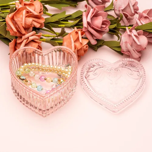 Miniatura 5 de COWFEX Joyero de cristal en forma de corazón con tapa para niñas y mujeres, organizador de almacenamiento de baratijas, caja decorativa para San